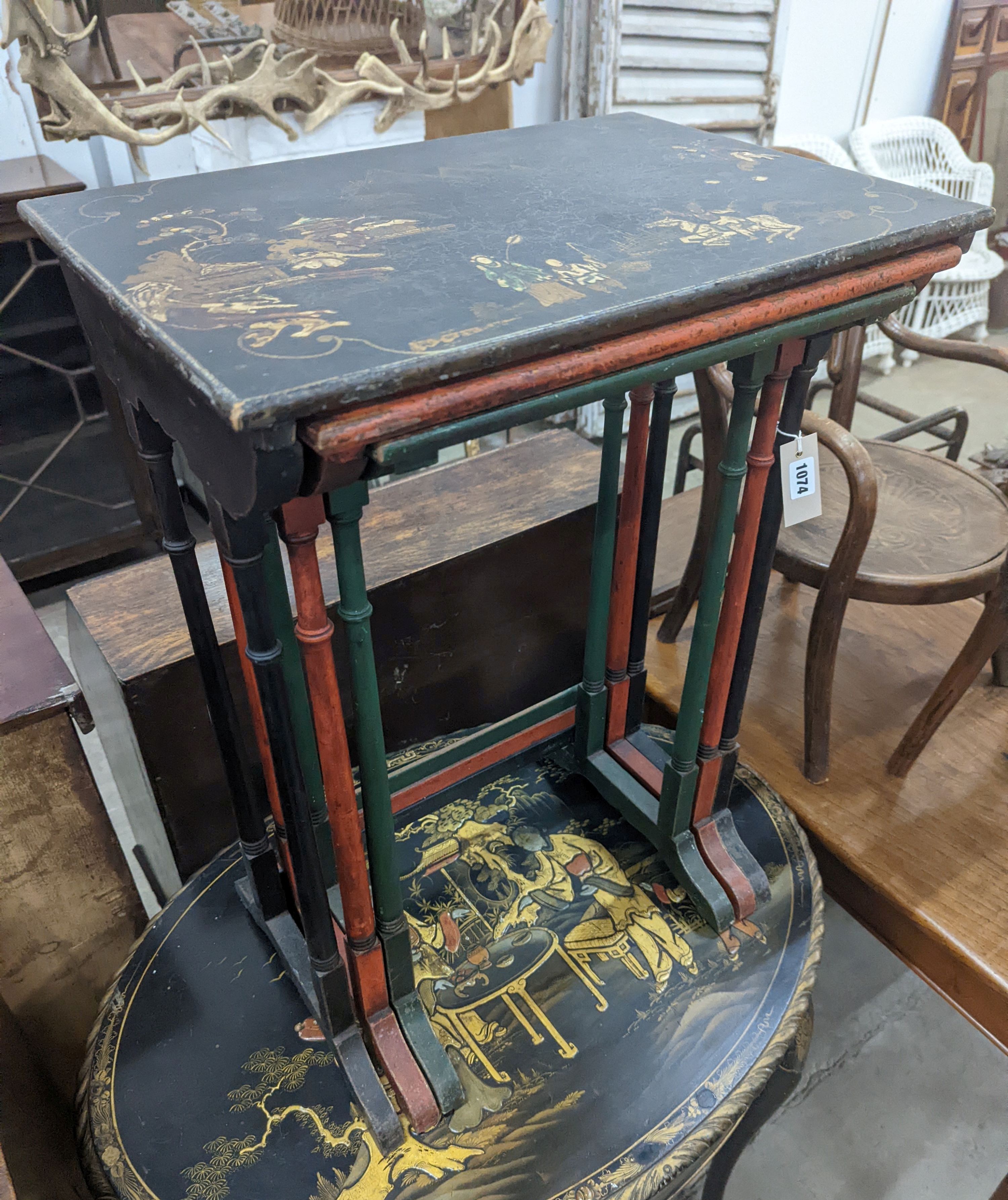 A nest of painted and lacquered rectangular tea tables, width 50cm, depth 36cm, height 71cm